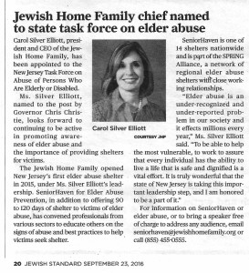Jewish Home Family chief named to State task  force on elder abuse - Sept 23, 2016 - N20160034 - 2016;Elliott, Carol Silver; Elder Abuse; NJ  